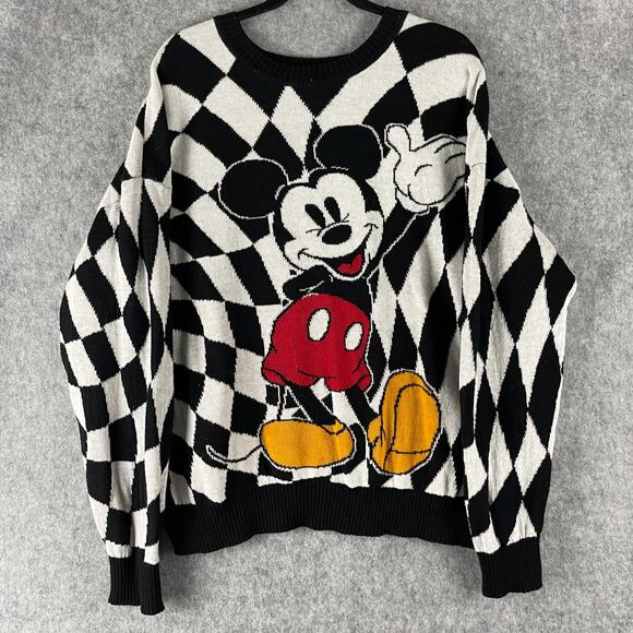 Disney Mickey Mouse Sweater Womens XXL Checkered Knit Graphics Pullover Retro - Picture 1 of 13